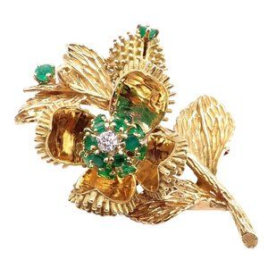 Rare! Tiffany & Co 18k Yellow Gold Diamond Emerald Flower Night & Day Brooch Pin